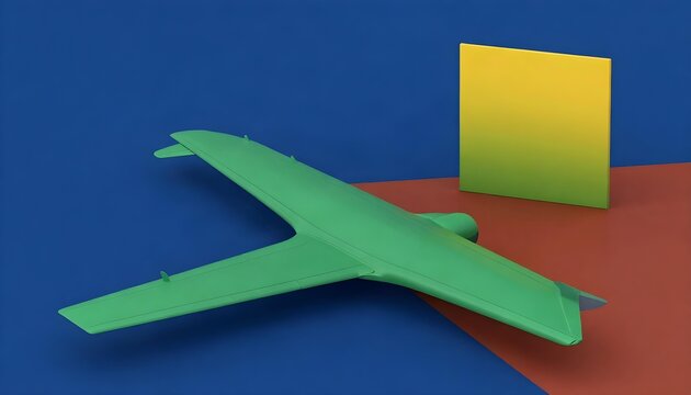 A minimalist green airplane model rests on a colorful abstract background
