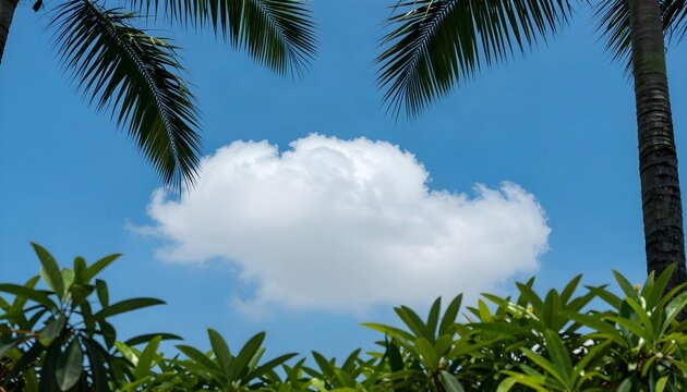 Bright blue sky with fluffy white clouds framed by palm fronds and lush green foliage