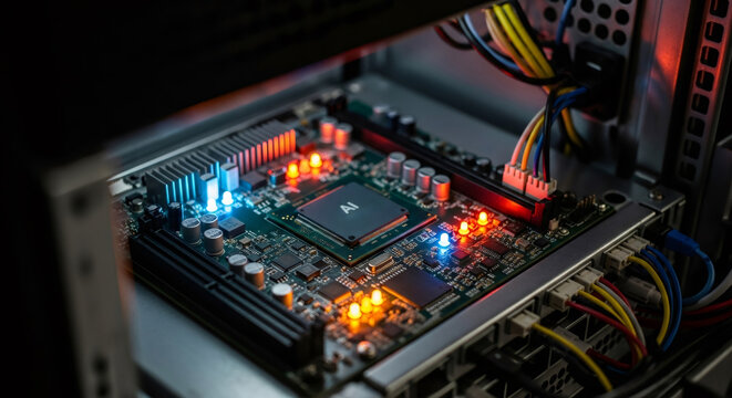 Motherboard with central processing unit inside computer case. Artificial intelligence microchip on electronic circuit board. Hardware component for modern computing and network system.