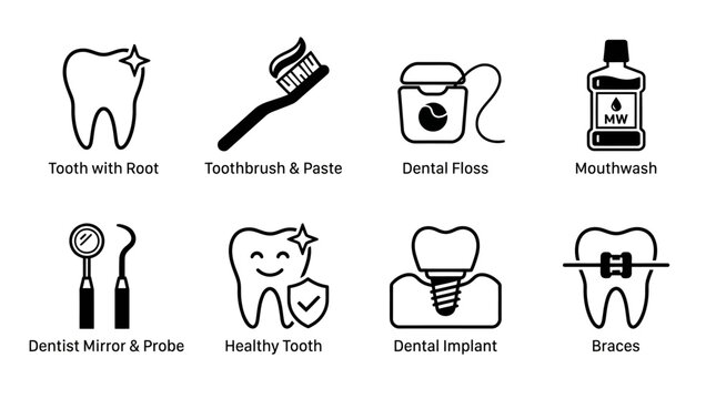 Set of Linear Dental Care and Oral Hygiene Icons Including Toothbrush, Floss, and Dental Implant Illustrations
