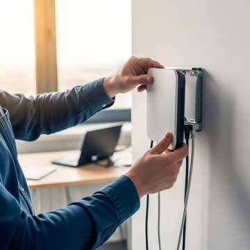 Man technician installing wi-fi router on office wall. Network professional connecting internet equipment for smart home and communication infrastructure. Modern technology maintenance service.