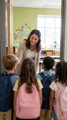 Obraz premium Female teacher welcoming diverse group of children on first day of school, classroom setting with colorful decorations and backpacks visible in the background