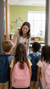 Female teacher welcoming diverse group of children on first day of school, classroom setting with colorful decorations and backpacks visible in the background