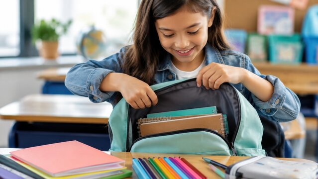 Young girl with long dark hair opening a teal backpack to organize school supplies on a wooden desk in a bright classroom filled with educational materials