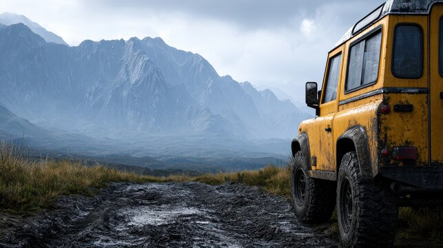 Rugged yellow off-road vehicle parked on a muddy track with misty mountains in the background. Ideal for adventure.