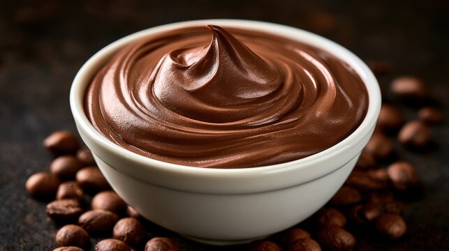 A smooth chocolate mousse swirl in a minimalist white ceramic bowl with scattered coffee beans. Ideal for culinary.