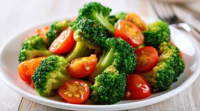 Steamed broccoli florets and cherry tomatoes in a white plate on a wooden table, perfect for healthy eating ads.