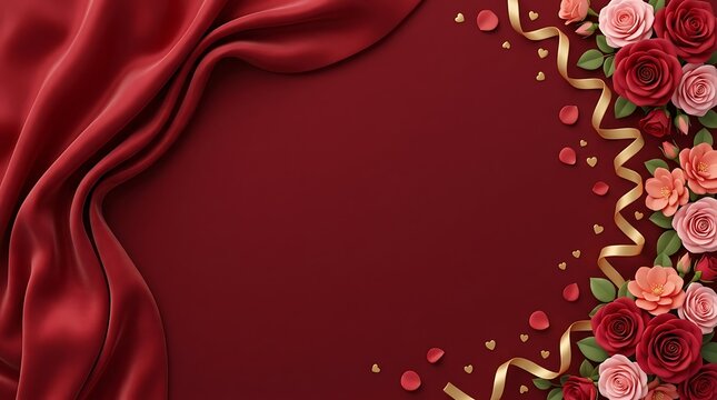 Red Silk Fabric Background with Pink Roses and Gold Ribbon, Elegant Luxury Floral Frame for Valentine Day and Anniversary