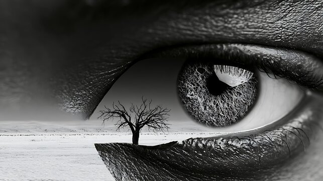 Prompt: A high-end dark editorial portrait. A tight close-up of a model's hollow eyes, where the texture of the iris and skin double exposes into a vast, sun-bleached white sand desert with 