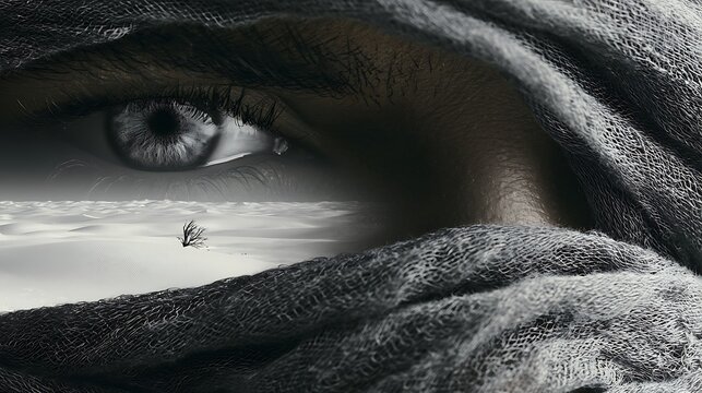Prompt: A high-end dark editorial portrait. A tight close-up of a model's hollow eyes, where the texture of the iris and skin double exposes into a vast, sun-bleached white sand desert with 