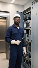 Obraz premium African American male elevator technician wearing safety gear holds a screwdriver while standing next to an elevator control panel in a modern building interior