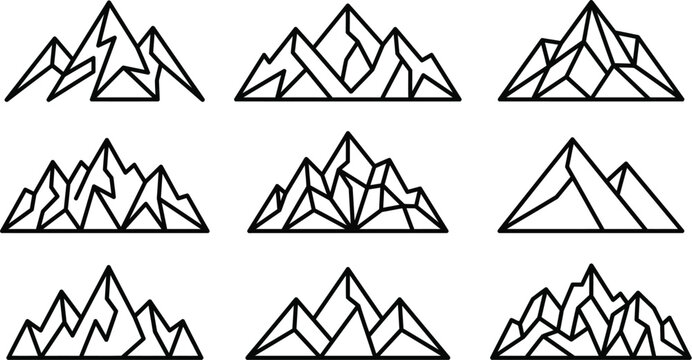 Collection of folded mountain line art icons minimalist vector graphics on a white background