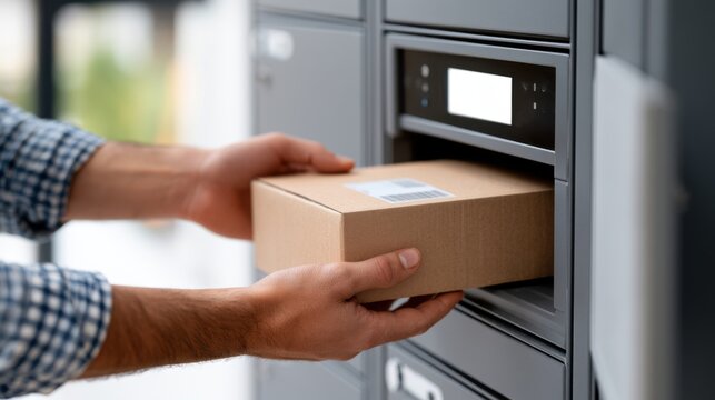 Person placing a brown cardboard package into a secure delivery locker with a modern design, showcasing a user-friendly interface and organized compartments