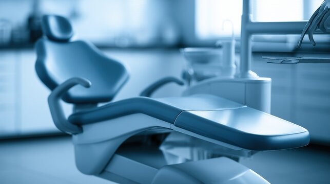 Close-up of a dentist chair with medical instruments nearby in a bright office. Healthcare advertising concept.