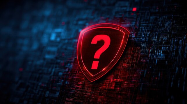 Red shield with question mark glows against dark digital background, symbolizing security issues. Concept for.