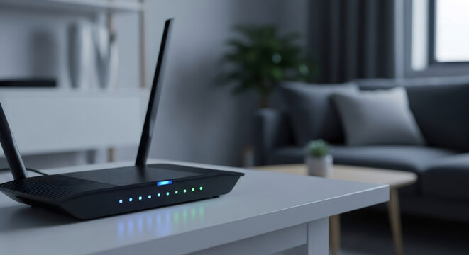 Black wireless wifi router with glowing signal light on table in modern home living room. Device for high speed internet networking. Smart home connectivity and digital equipment setup.