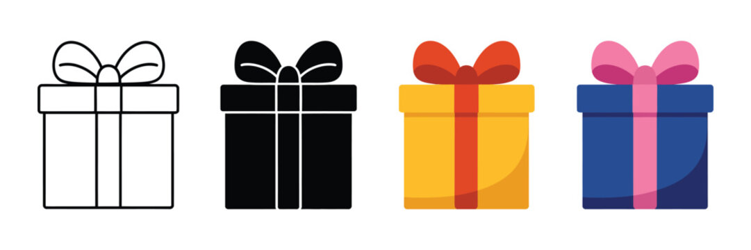 Gift Box Icon set, surprise package, parcel, holiday present, and festive gift box symbols, modern flat vector illustration for apps, branding, e-commerce, and celebration design.