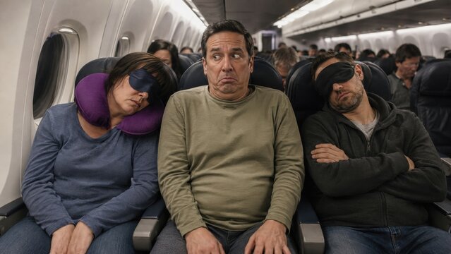 Three passengers experiencing discomfort on an airplane, with one wearing a neck pillow and two wearing sleep masks, seated in economy class during a flight