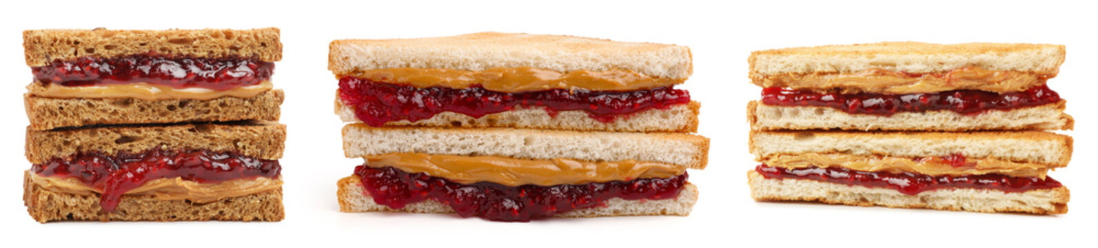 Yummy peanut butter and jelly sandwiches isolated on white, set
