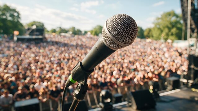 Professional audio microphone positioned on stage facing a blurred massive crowd of excited music fans during a bright sunny summer outdoor festival concert event today