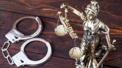 Fototapeta premium Golden scales stand beside silver handcuffs