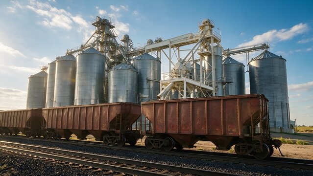 Massive metal grain storage silos sit beside rustic rusty freight train cars during a bright sunny afternoon with clear blue skies over an agricultural landscape