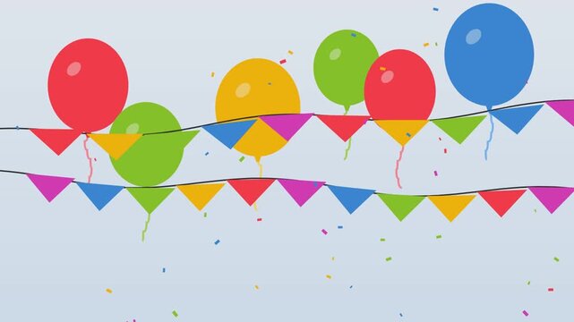 Colorful party balloons and triangle bunting flags motion animation video