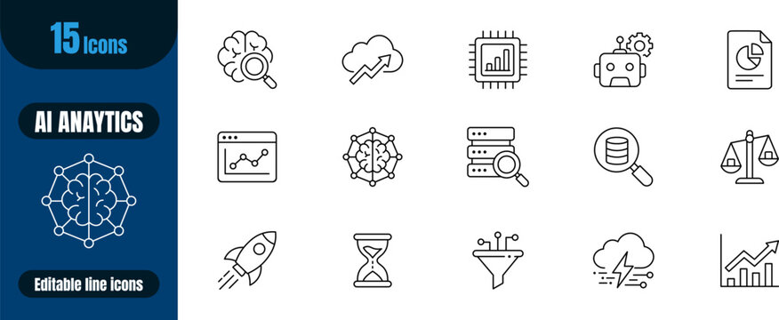 15 AI Analytics Line Icons Featuring Machine Learning, Cloud Data, Automation, Database Search, Business Intelligence, Ethics, Startup and Growth