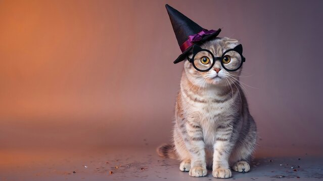 Adorable Scottish Fold Cat Wearing A Witch Hat And Cat Shaped Glasses For A Fun Halloween Celebration Concept