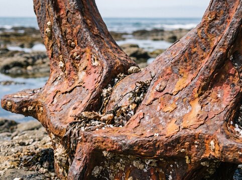 Weathered boat anchor covered in barnacles on rocky shore  