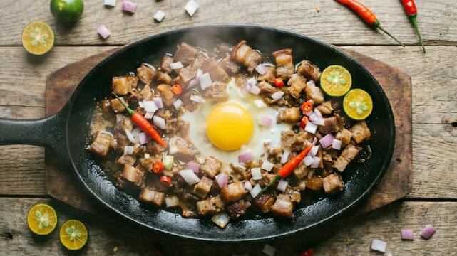 traditional filipino sizzling sisig topped with raw egg