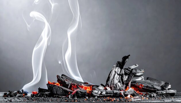 Burning charcoal embers with smoke rising against dark background.