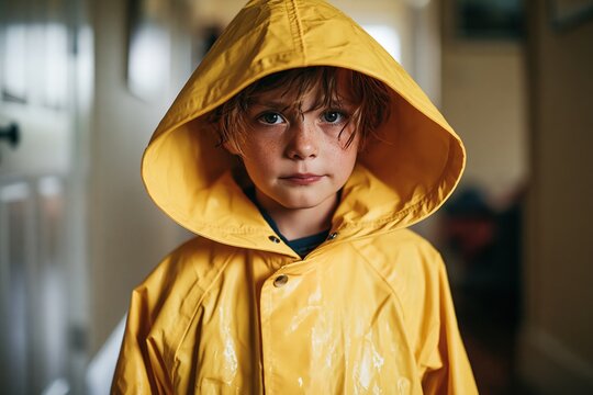 A child in a yellow raincoat stands indoors, looking directly at the camera. The raincoats hood is up, covering their head completely. Their cheeks are slightly flushed from cold or wind.