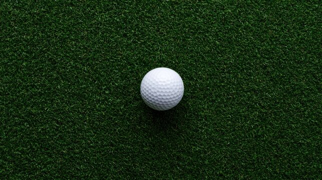 A single white golf ball rests perfectly on vibrant green grass under soft, even lighting. Ideal for sports themes.