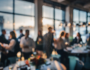 Fototapeta premium Elegant workplace networking event with colleagues enjoying an after-work celebration in soft focus. Premium corporate background for teamwork, communication and professional relationships. 