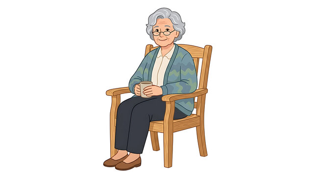 Elderly Woman Sitting Comfortably in a Wooden Armchair Holding a Cup.