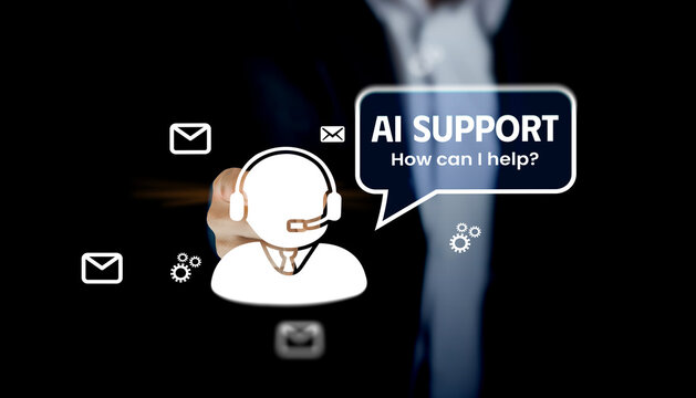 AI technology business support concept, virtual assistant chatbot interface over keyboard, smart customer service, automated online support, digital communication, and intelligent help desk solutions.