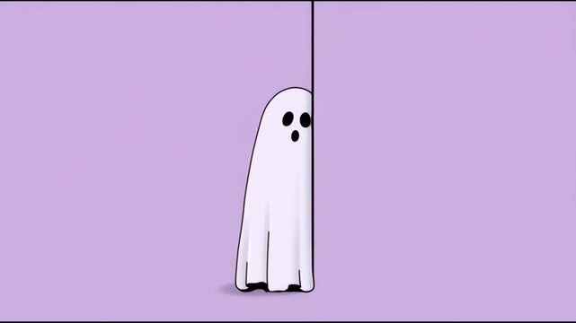 Ghost peeking from behind a divider on a purple background, looped motion graphics with copy space for Halloween designs.