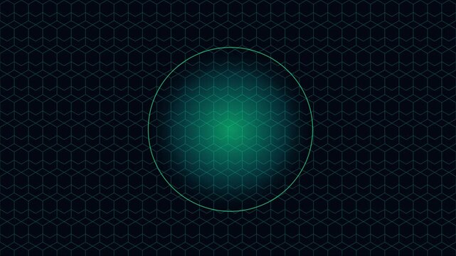 Pulsing green circle on dark hexagon grid background: abstract digital technology motion animation 4k