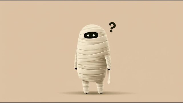 Mummy character stands on a plain beige background with question sign in a looping 3D animation, with full body bandage wrap and a soft studio shadow