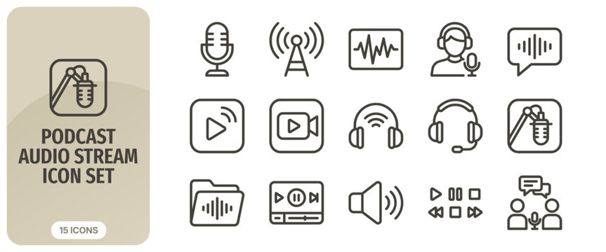 Podcast audio stream icon set, vector line style icons for radio, broadcasting, recording, music, and digital media communication