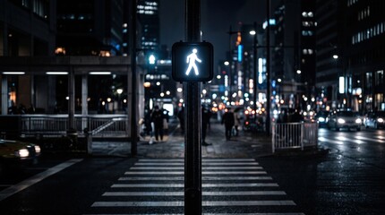 Fototapeta premium White pedestrian walk signal glowing at night on dark city street with blurred people.