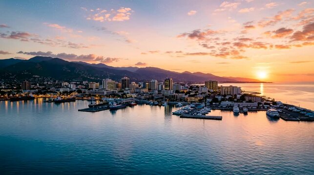 aerial dramatic harbor perspective of kingston jamaica cityscape glowing coastal skyline timelapse day to night video
