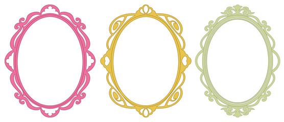 Set of three whimsical cottagecore Easter oval frames in pink, gold, and green, vintage ornate blank decorative border templates for invitations, greeting cards, branding, scrapbooking, and posters © ilustrasi SA