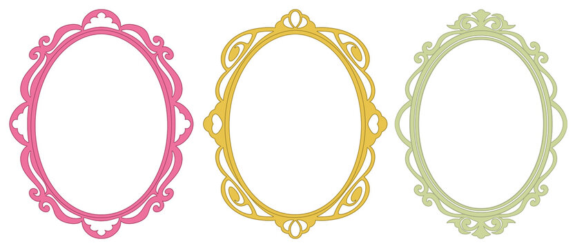 Set of three whimsical cottagecore Easter oval frames in pink, gold, and green, vintage ornate blank decorative border templates for invitations, greeting cards, branding, scrapbooking, and posters