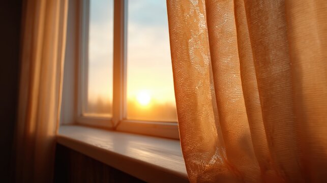 A warm orange curtain partially covers a window with the sun setting or rising, casting a soft glow through the glass.