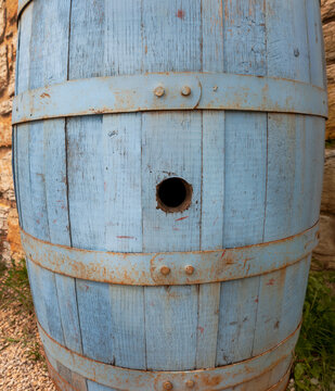 Side of Blue Wooden Barrel