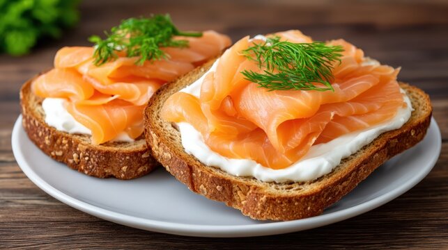 Two slices of whole grain bread topped with cream cheese, smoked salmon, and garnished with fresh dill on a white plate.