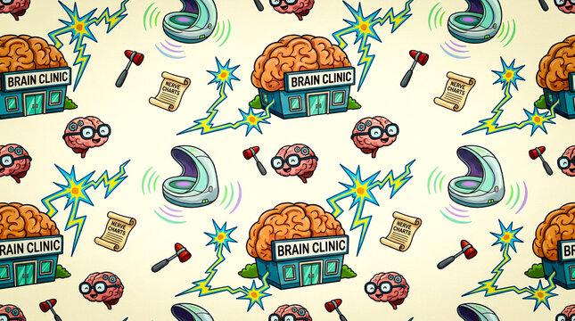 intriguing cartoon style pattern illustrating a brain clinic with bright neuron sparks smart brain models neat reflex hammers tiny nerve charts and glowing diagnostic scanners