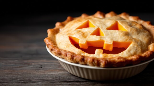 A pumpkin pie with a jack-o'-lantern face cut out on its crust sits on a wooden surface.